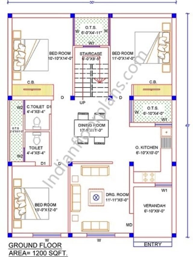 North Facing 30’x40′ House Plan as per Vastu