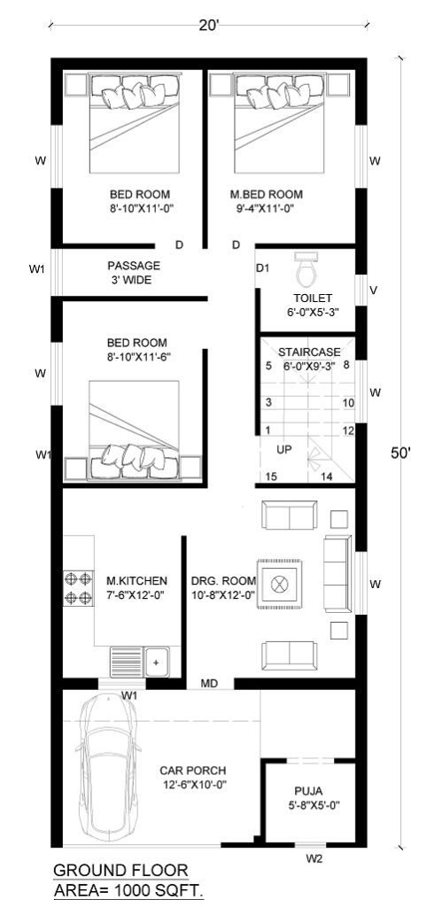 20x50 House Plan East Facing as per Vastu with car parking and 3 bedrooms