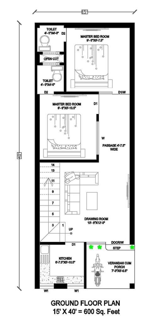 15x40 House Plans 2BHK with Verandah