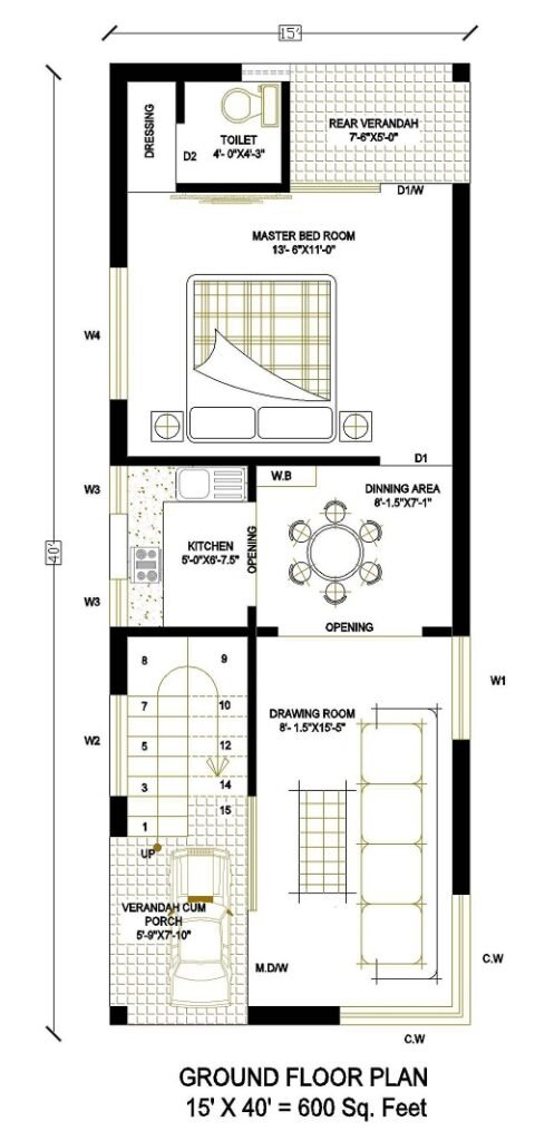 15x40 House Plan 1BHK with Car Parking