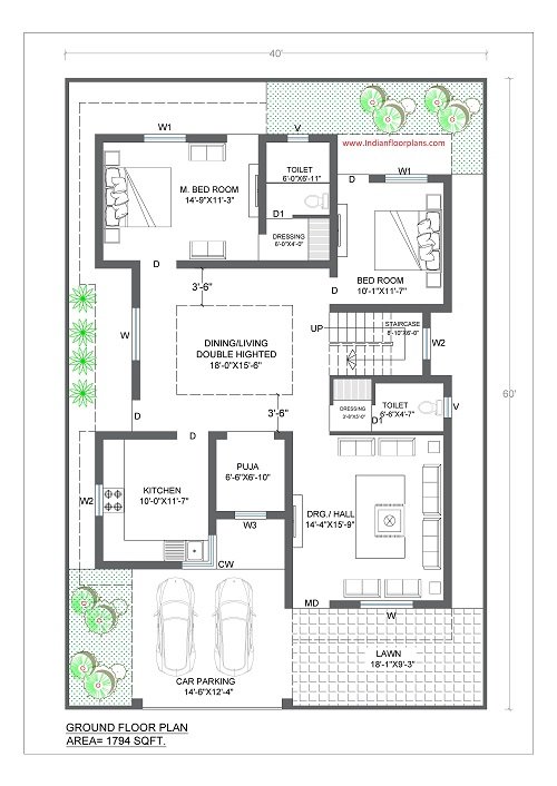 40x60 House Plan Ideas with Open Terrace. - Indian Floor Plans