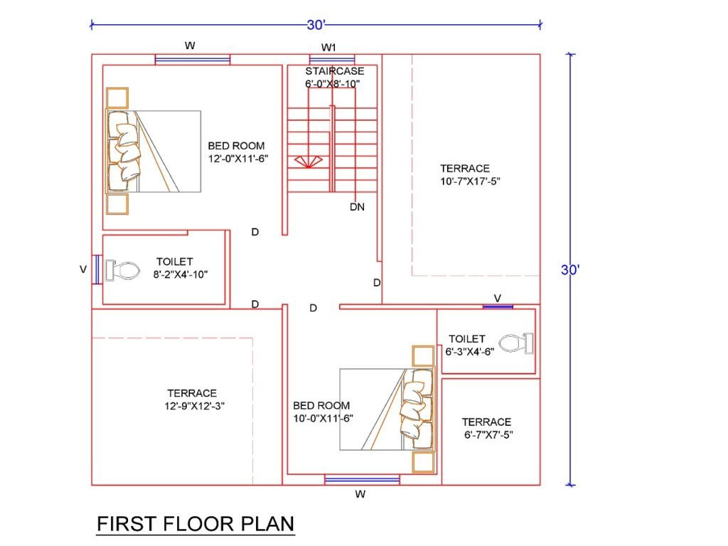 30x30 House Plan East facing-First Floor Plan