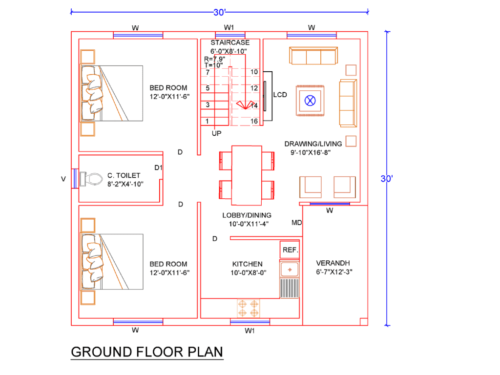 30x30 House Plan East facing-Ground Floor Plan