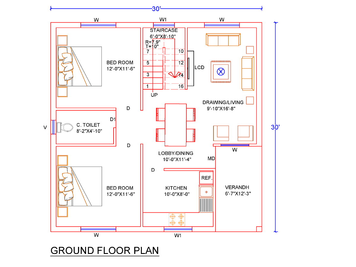 30-x-30-100-gaj-house-design-plan-map-2-bhk-3d-elevation-car-parking-vastu-anusar-otosection