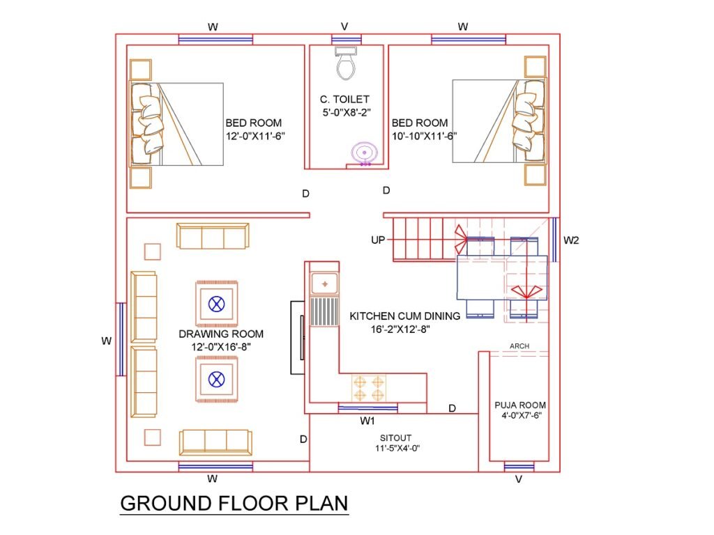 30x30 North Facing House Plan-Ground Floor Plan.