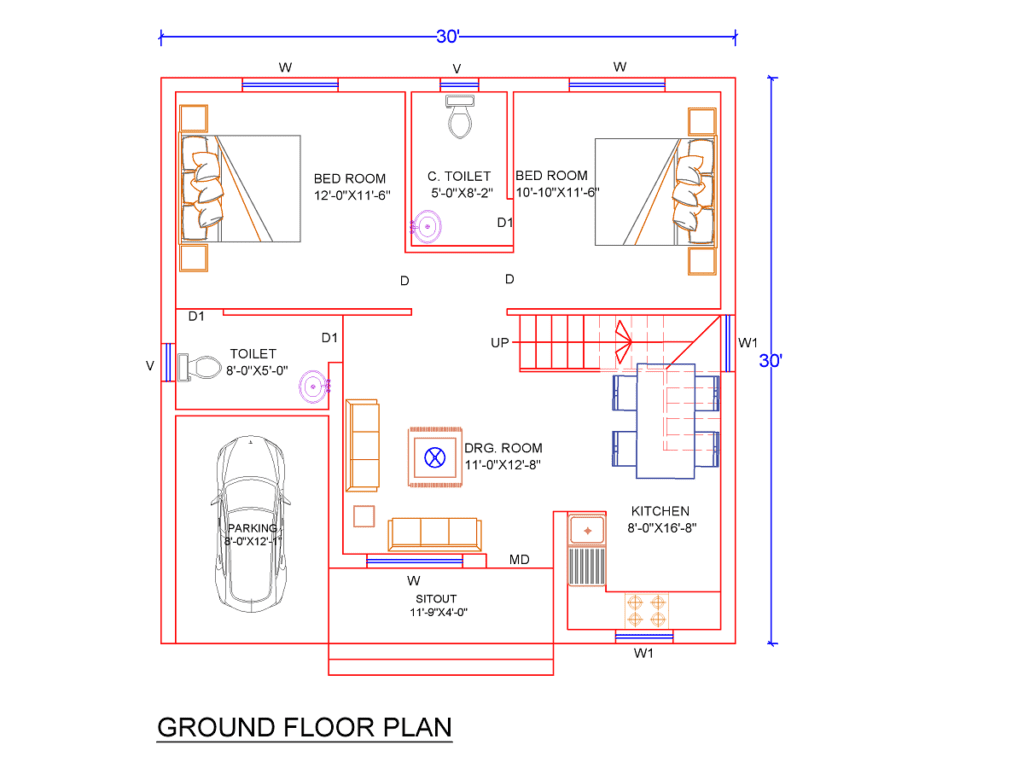 30x30 South Facing House Plan with Car Parking