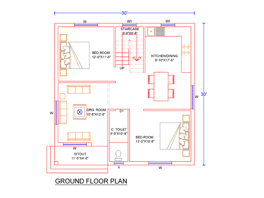 30x30 West Facing House Plan-Ground Floor Plan