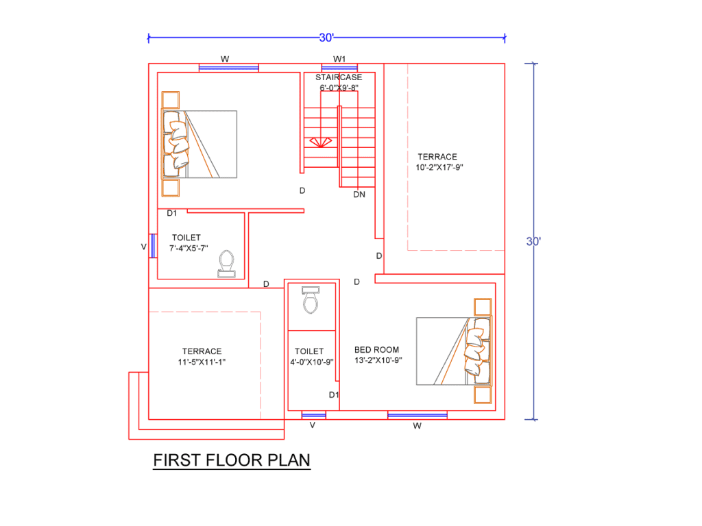 30x30 West Facing House Plan-First Floor Plan