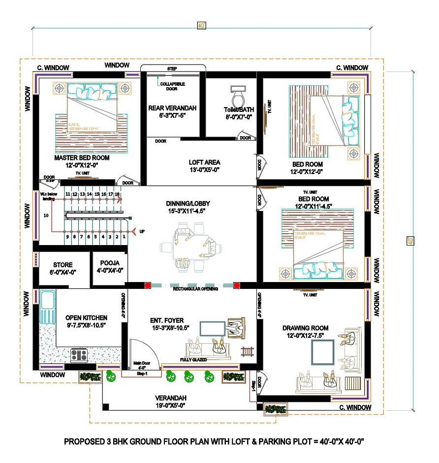 40x40 House Plan with Loft