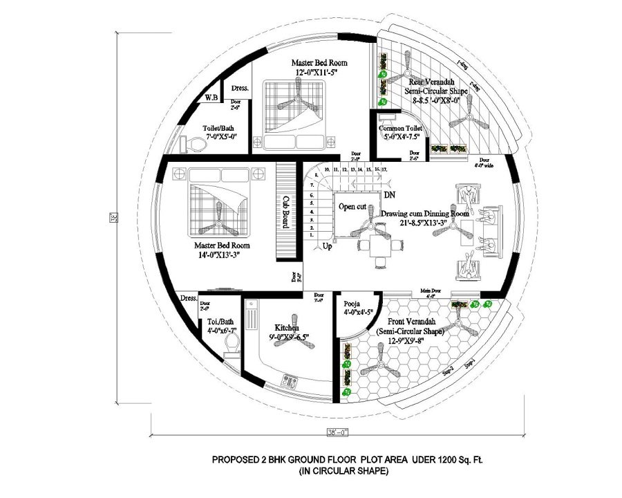 Circular House Floor Plan under 1200 sqft