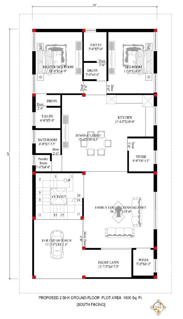 30x60 House Plan South Facing 