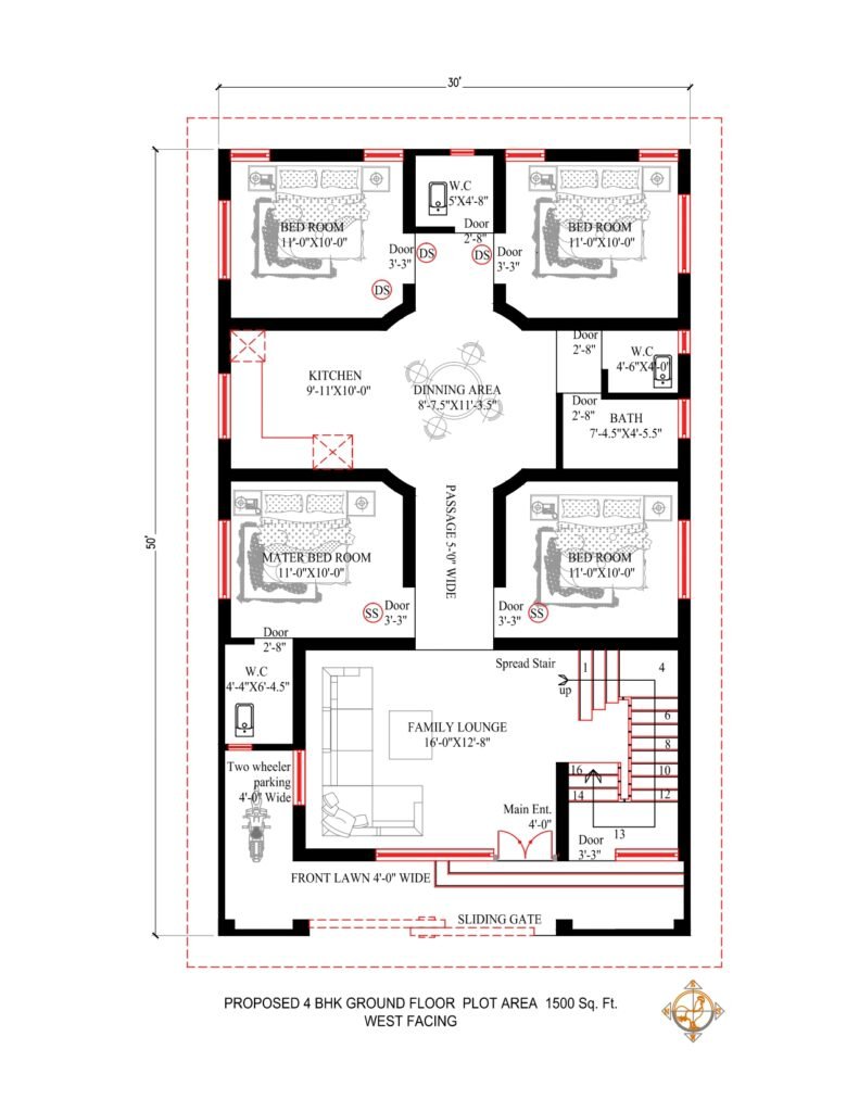 30x50 House Plan West Facing