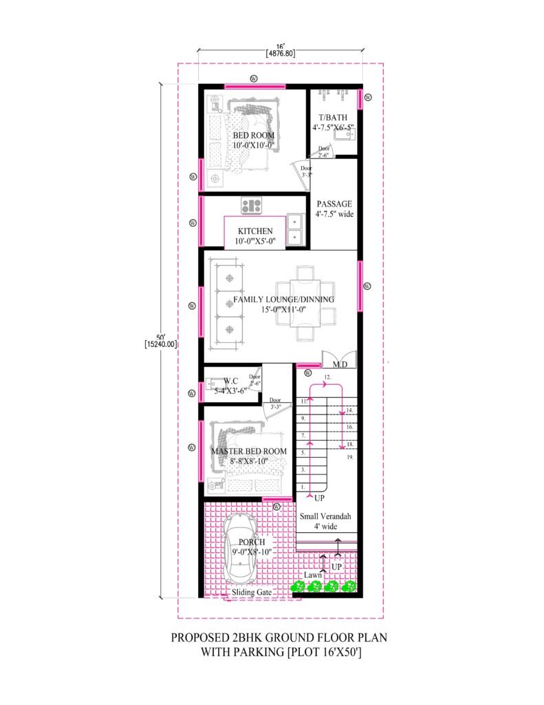 16x50Duplex House Plan with Car Parking-Ground Floor