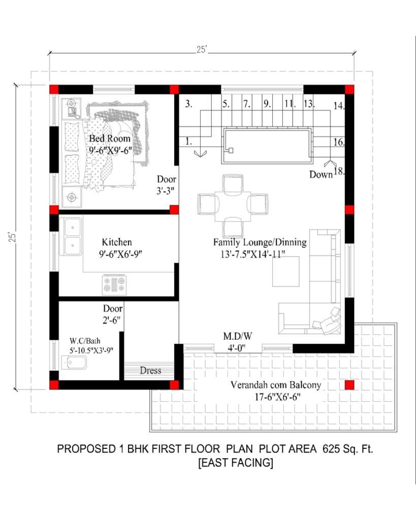 25x25 1BHK East Facing House Plan-First Floor