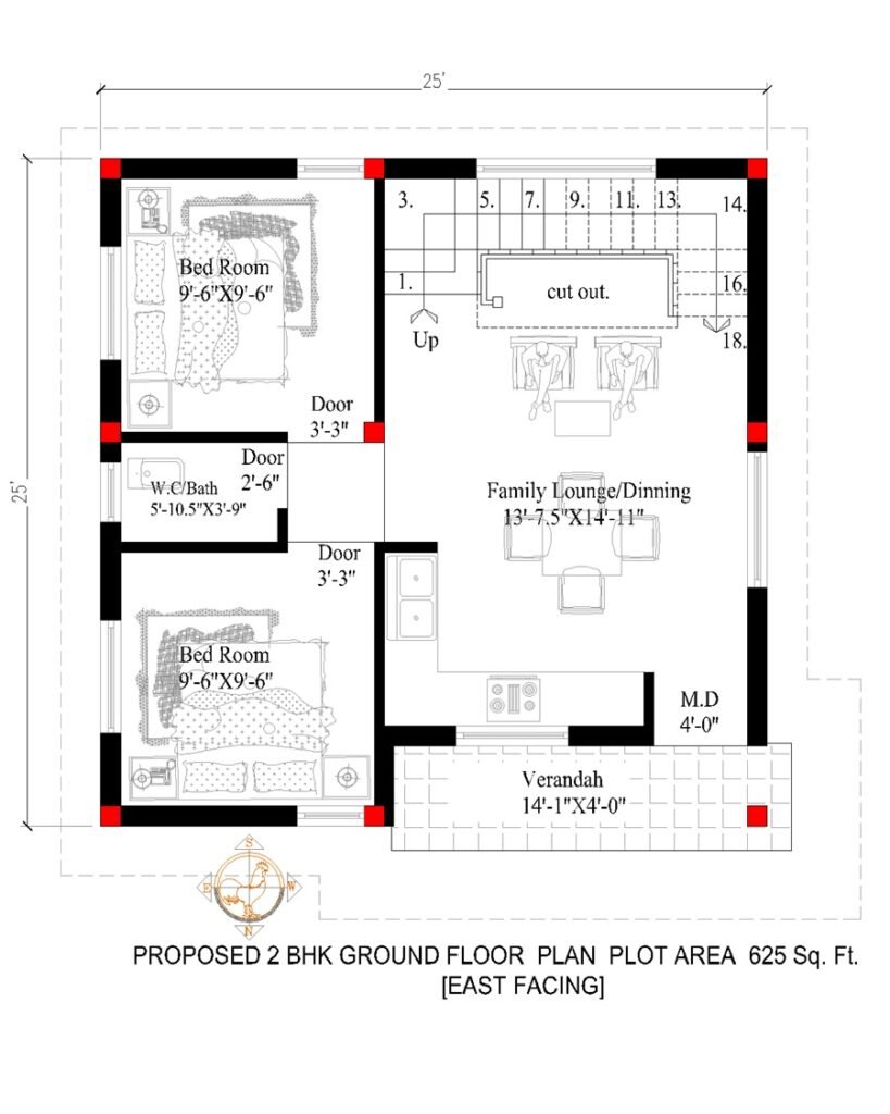 25x25 2BHK East Facing House Plan-Ground Floor