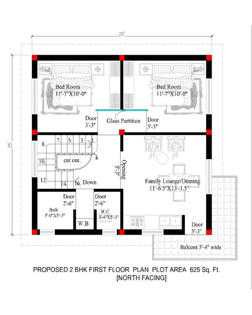 25x25 North Facing 2 BHK House Plan-First Floor Plan