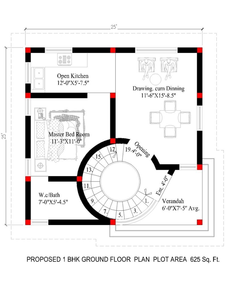 25x25 1BHK South Facing House Plan-Ground Floor