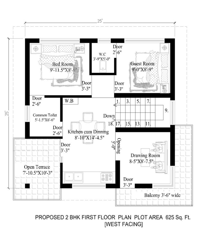 25x25 2BHK West Facing House Plan-First Floor