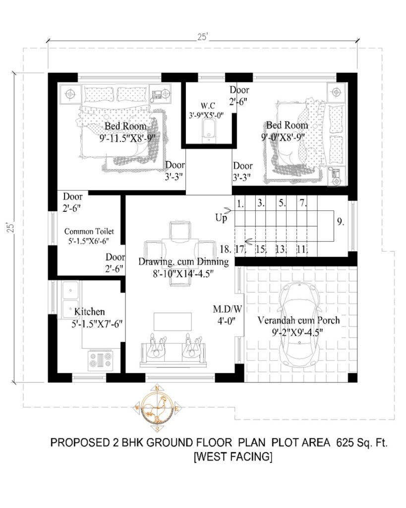 25x25 2BHK West Facing House Plan-Ground Floor Plan with Parking