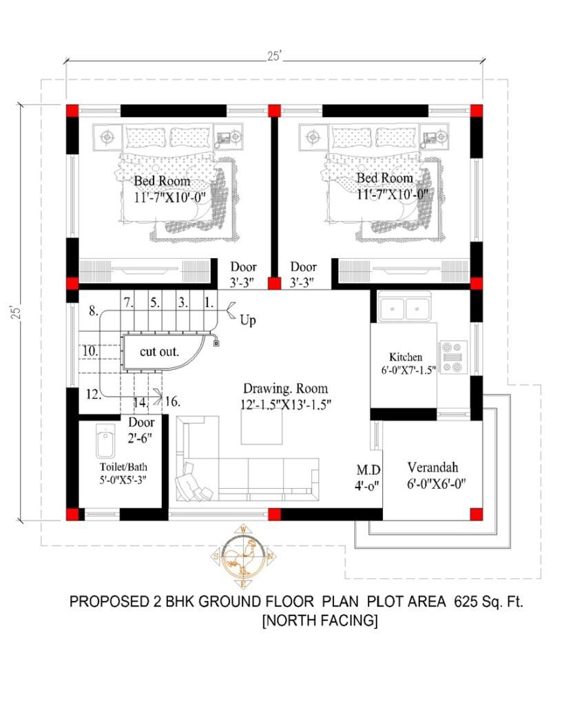 25x25 House Plan North Facing 2BHK-Ground Floor Plan